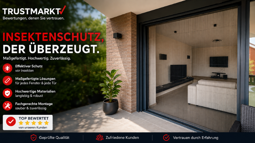 Moderne Terrasse mit hochwertigem Insektenschutz und Pflanzen.