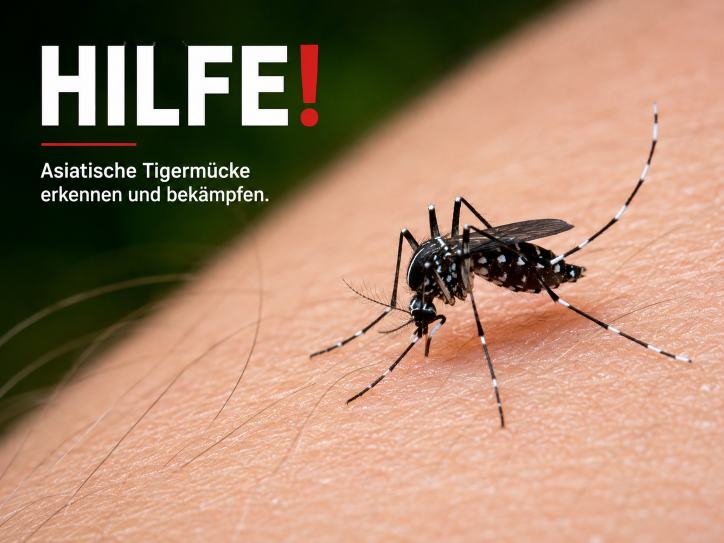 Asiatische Tigermücke auf menschlicher Haut, Aufruf zur Bekämpfung.