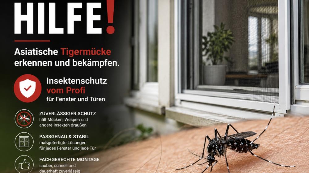 Asiatische Tigermücke auf einem Tisch, Tipps zum Insektenschutz vor Fenstern.