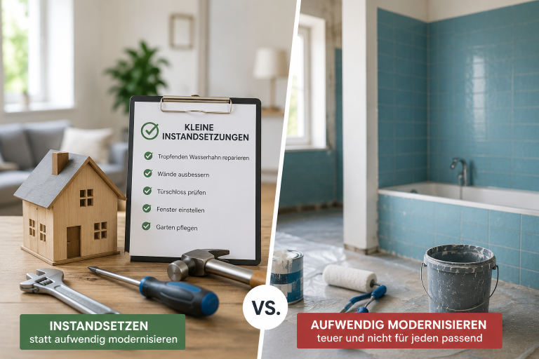 Vergleich zwischen Instandsetzen und aufwendig modernisieren im Hausverkauf.