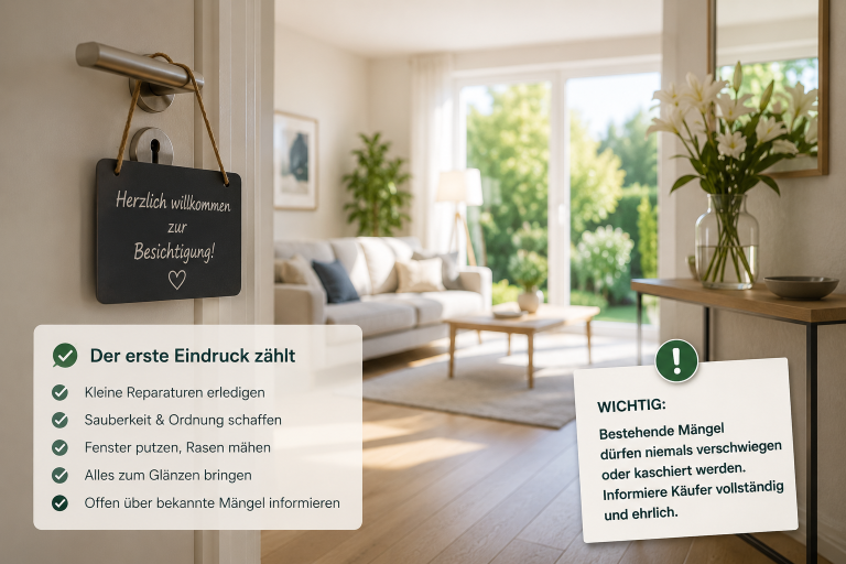 Wohnzimmer mit Hinweisschild zur Besichtigung, perfekt für den Hausverkauf vorbereitet.