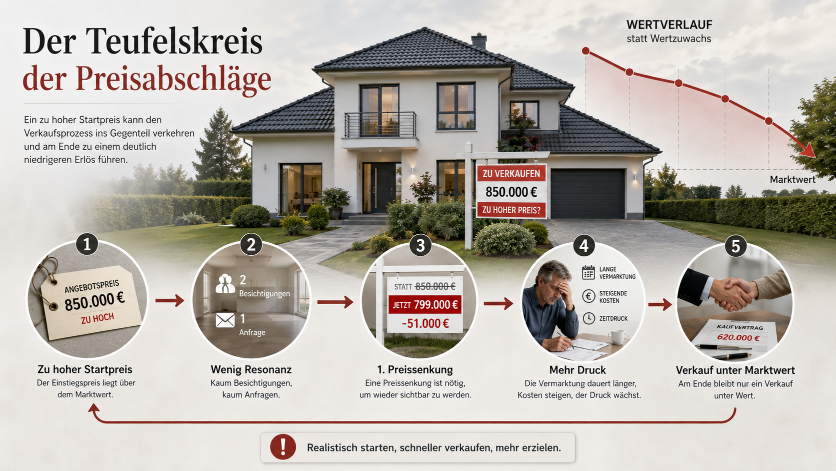 Grafik zum Teufelskreis der Preisabschläge beim Immobilienverkauf mit Fokus auf den realistischen Angebotspreis.