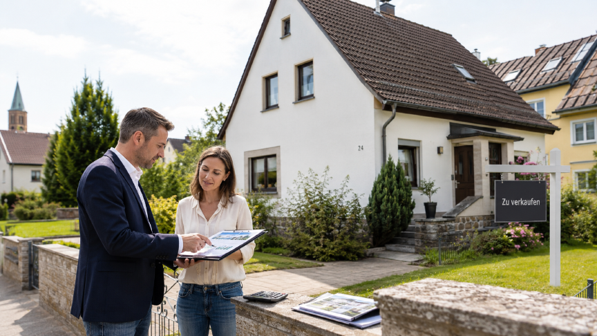 Ein Beratungsgespräch zum Hausverkauf in Weiden vor einem Einfamilienhaus.