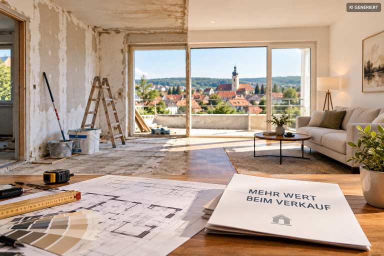 Renoviertes Wohnzimmer mit Blick auf Amberg, Hausverkauf erhöhen.