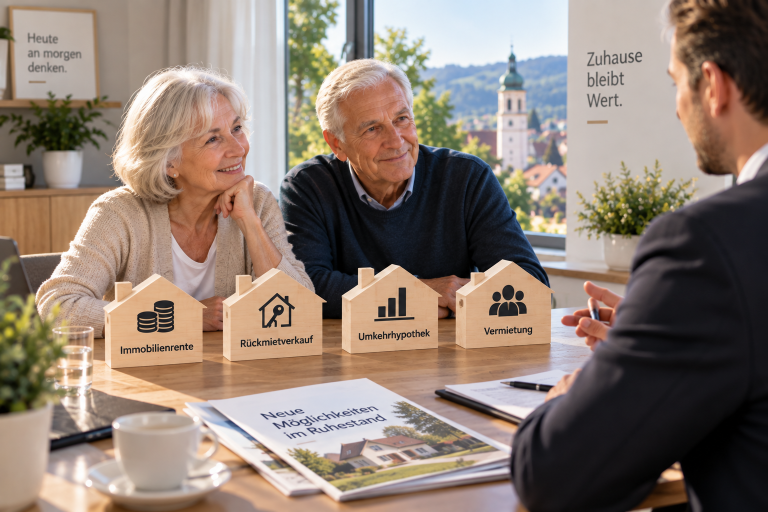 Ein älteres Paar bespricht die Optionen zum Haus im Alter verkaufen mit einem Immobilienexperten.