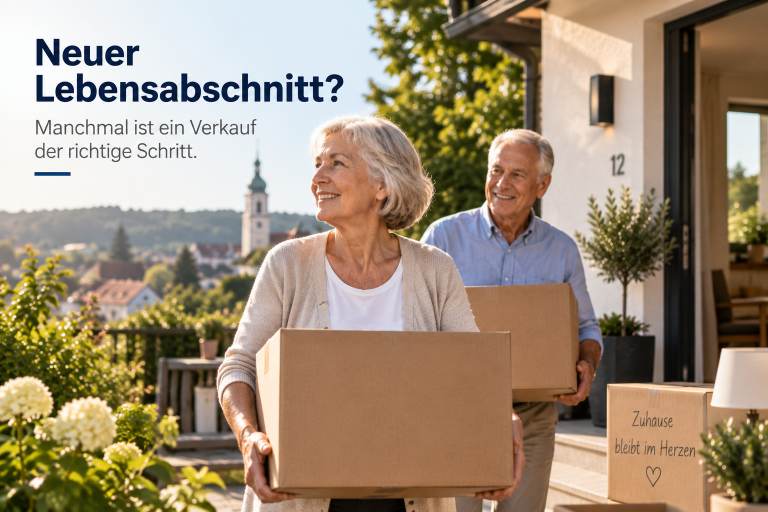 Ein älteres Paar trägt Kartons aus dem Haus, Thema Haus im Alter verkaufen.