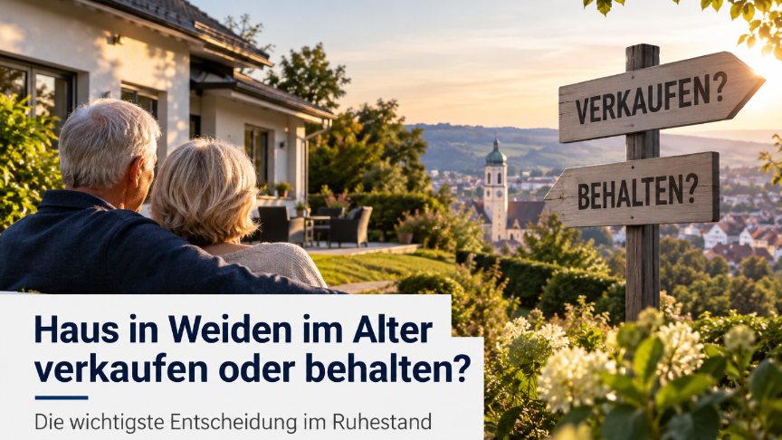 Ein älteres Paar sitzt vor einem Haus und diskutiert, ob sie verkaufen oder behalten sollen.