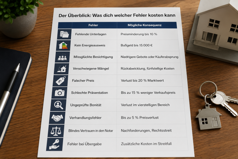 Übersichtstabelle zu Fehlern beim Hausverkauf und deren Kosten.