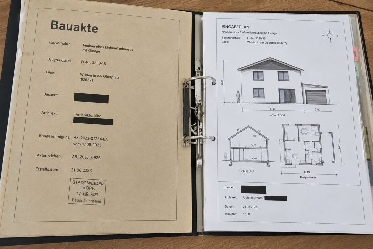 Bauakte mit Grundriss und Eckdaten für den Hausverkauf.