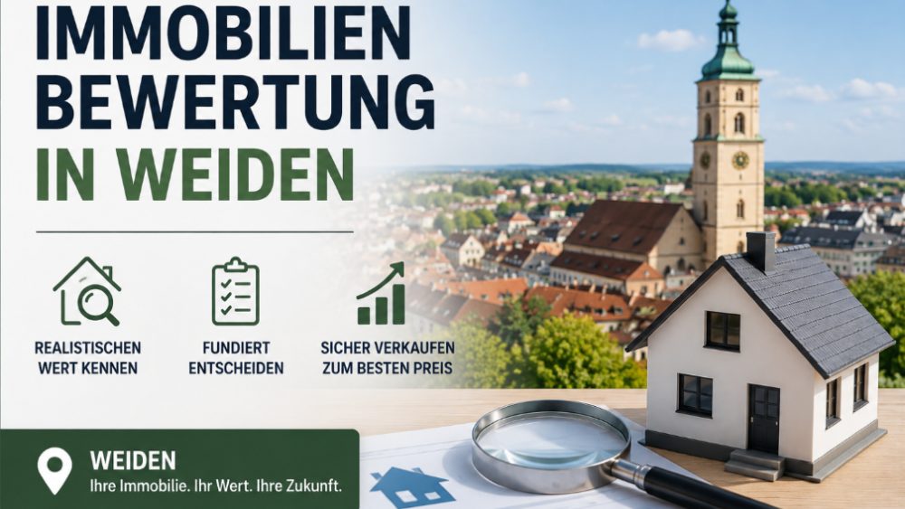Modellhaus und Stadtansicht zur Immobilienbewertung in Weiden.
