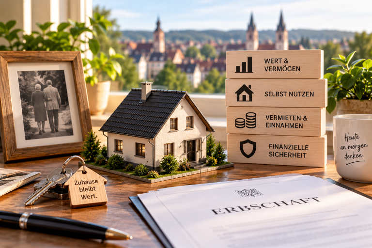 Modell eines geerbten Hauses mit Informationen zu Vermietung und Sicherheit.