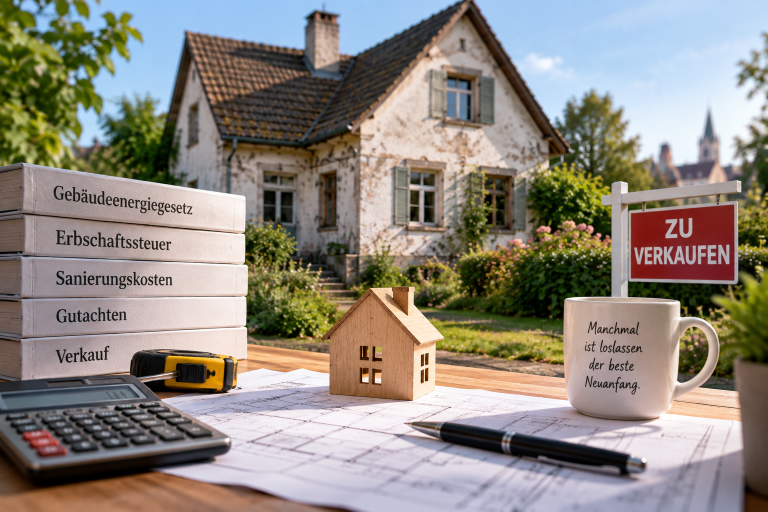 Geerbtes Haus mit Verkaufsschild und Unterlagen für die Immobilienbewertung.