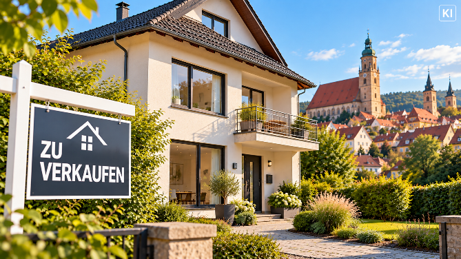 Moderne Villa in Amberg mit 'Zu verkaufen'-Schild und Stadtansicht.
