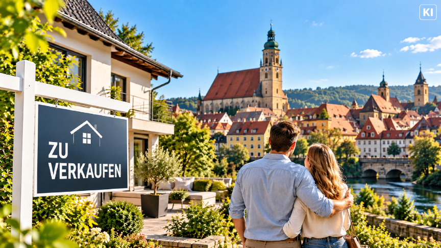 Ein Paar steht vor einem 'Zu verkaufen'-Schild bei einer Immobilie in Amberg.