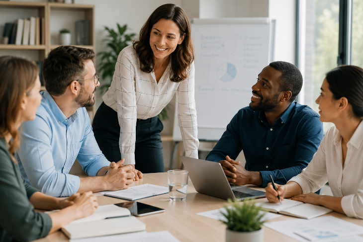 Ein Team bei einer Besprechung, das gute Führung und Zusammenarbeit zeigt.