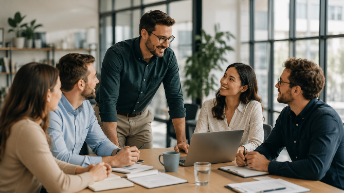 Diskussion über gute Führung und Teamarbeit in einem modernen Büro.