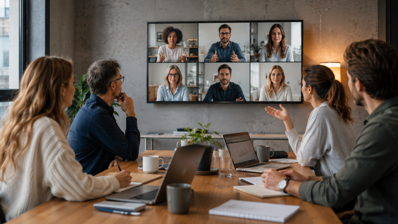 Hybride Führung während eines Meetings mit Teammitgliedern auf dem Bildschirm.