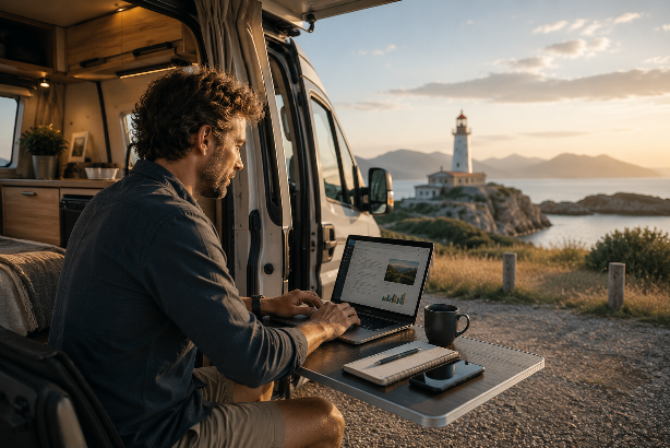 Mann arbeitet im Wohnmobil mit Blick auf einen Leuchtturm.