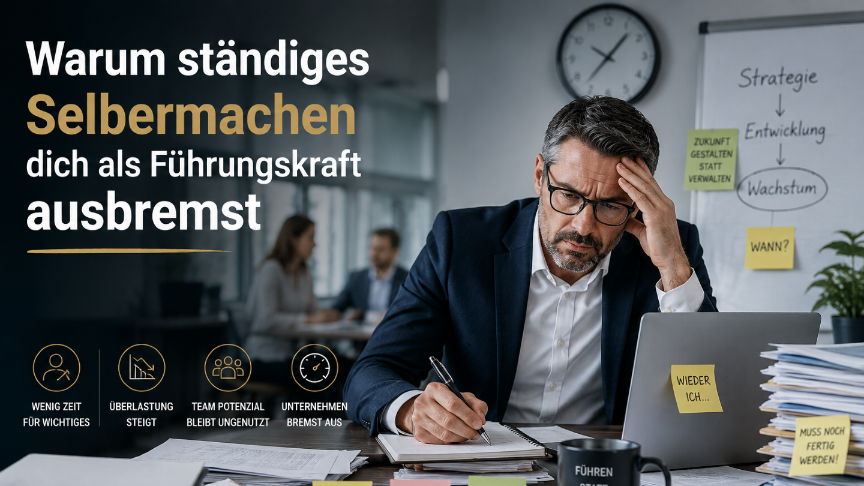 Mann am Schreibtisch zeigt Stress durch ständiges Selbermachen als Führungskraft.