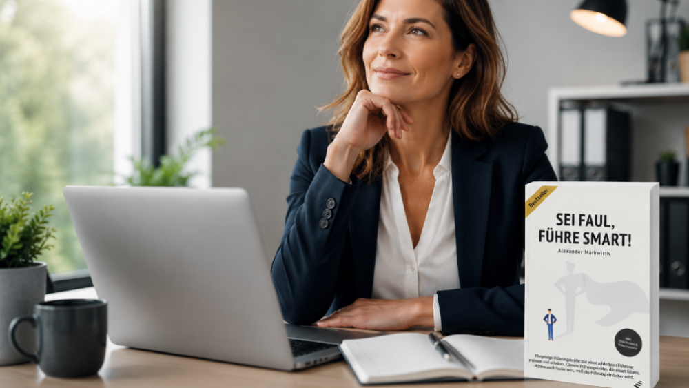 Eine nachdenkliche Frau in einem modernen Büro mit dem Buch 'Sei faul, führe smart!'.