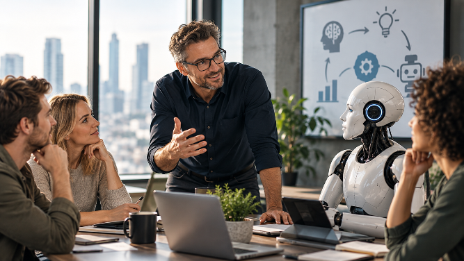 Diskussion zwischen Führungskräften und einem Roboter über KI im Arbeitsalltag.