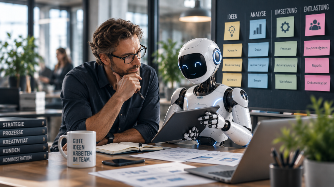 Ein Mensch und ein Roboter diskutieren am Arbeitsplatz über KI in der Führung.