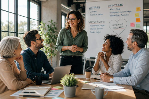 Teammeeting zur Förderung guter Führung mit engagierten Mitarbeitenden.
