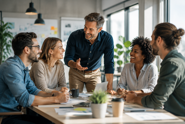 Ein Team diskutiert zusammen, um Mitarbeitende zu motivieren und zu führen.