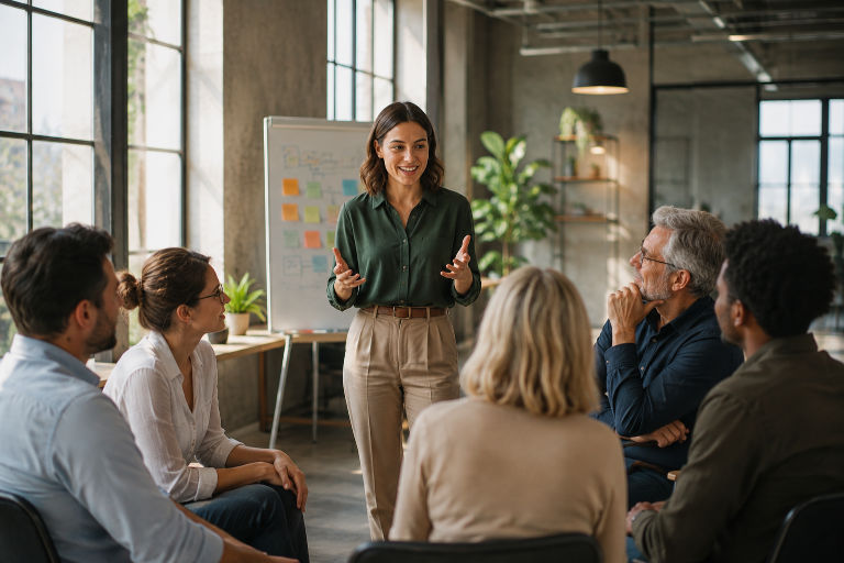 Führungskraft präsentiert New Leadership Konzepte in einer Team-Besprechung.