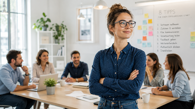 Junge Führungskraft mit Brille steht selbstbewusst im Team-Meeting.