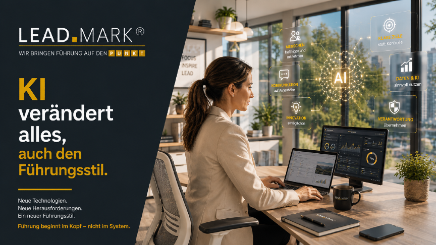 Frau im modernen Büro arbeitet am Computer mit KI und zeigt, wie KI den Führungsstil verändert.