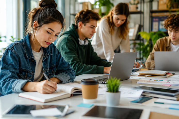 Junge Arbeitnehmer arbeiten in einem modernen Büro an Laptops.