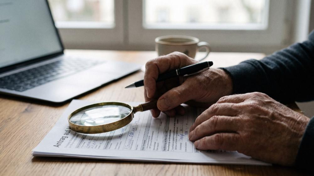 Eine Person prüft einen Forschungszulage-Antrag mit Lupe und Stift.