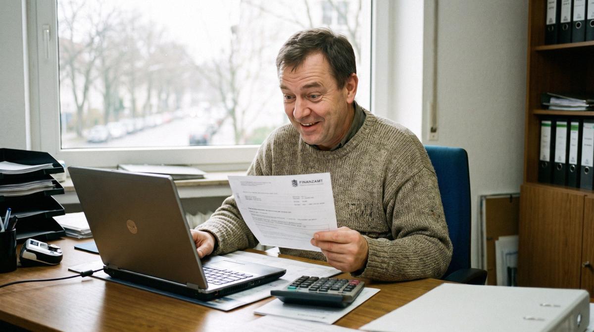 Ein Mann am Schreibtisch arbeitet mit Laptop und Dokumenten zur Forschungszulage rückwirkend.