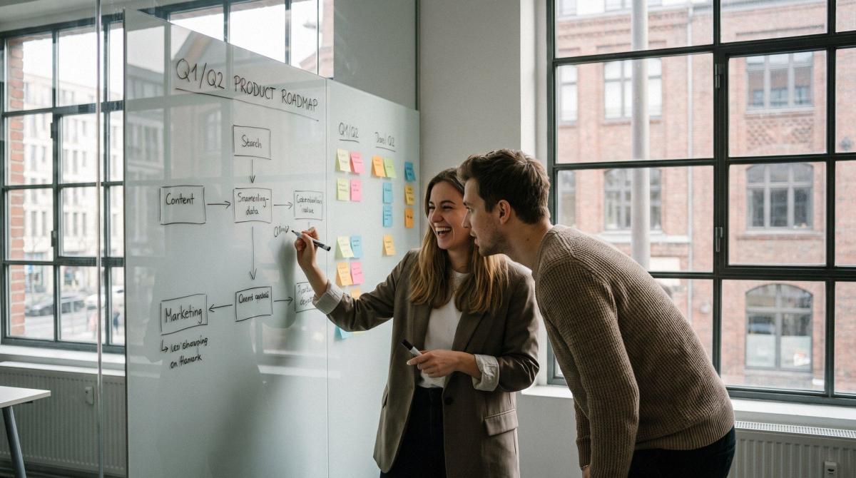 Ein Team von Start-ups bespricht die Forschungszulage an einem Whiteboard.