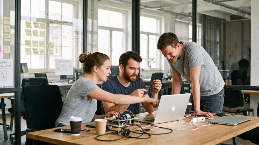 Das Team arbeitet gemeinsam am Laptop und bespricht die Forschungszulage für Start-ups.