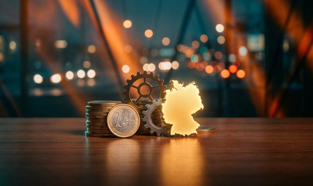 Geldmünzen und Zahnräder symbolisieren Fördermittel für Unternehmen.