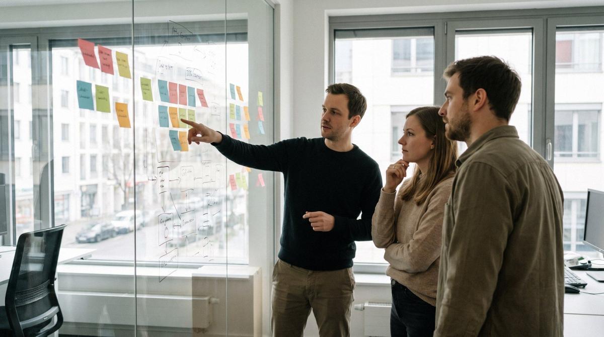 Ein Team diskutiert am Fenster über Forschungszulage für Softwareentwicklung.