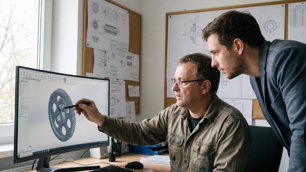 Ingenieure analysieren eine technische Zeichnung in der Maschinenbau-Entwicklung mit Forschungszulage.