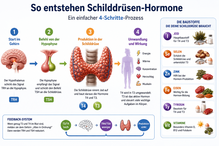 Grafik zum Prozess, wie Schilddrüsenhormone entstehen, inklusive der Schritte und Nährstoffe.