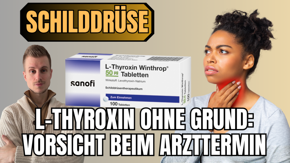 Frau mit Schilddrüsenproblemen und L-Thyroxin Medikamenten im Hintergrund.