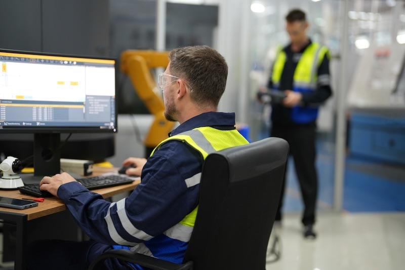 SAP-Logistik im Lager: Ein Mitarbeiter in Warnweste arbeitet am Computer, während ein Kollege im Hintergrund steht.