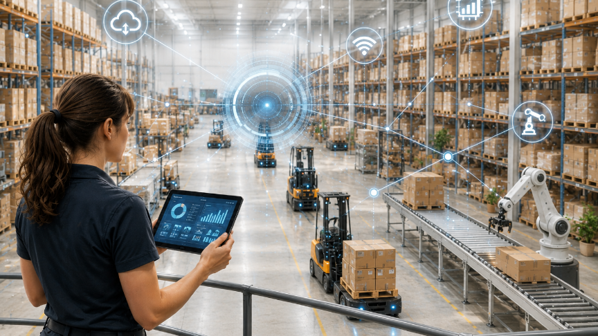 Mitarbeiterin steuert im digitalen Lager per Tablet autonome Fahrzeuge und einen Roboterarm – SAP-Logistik im Überblick.