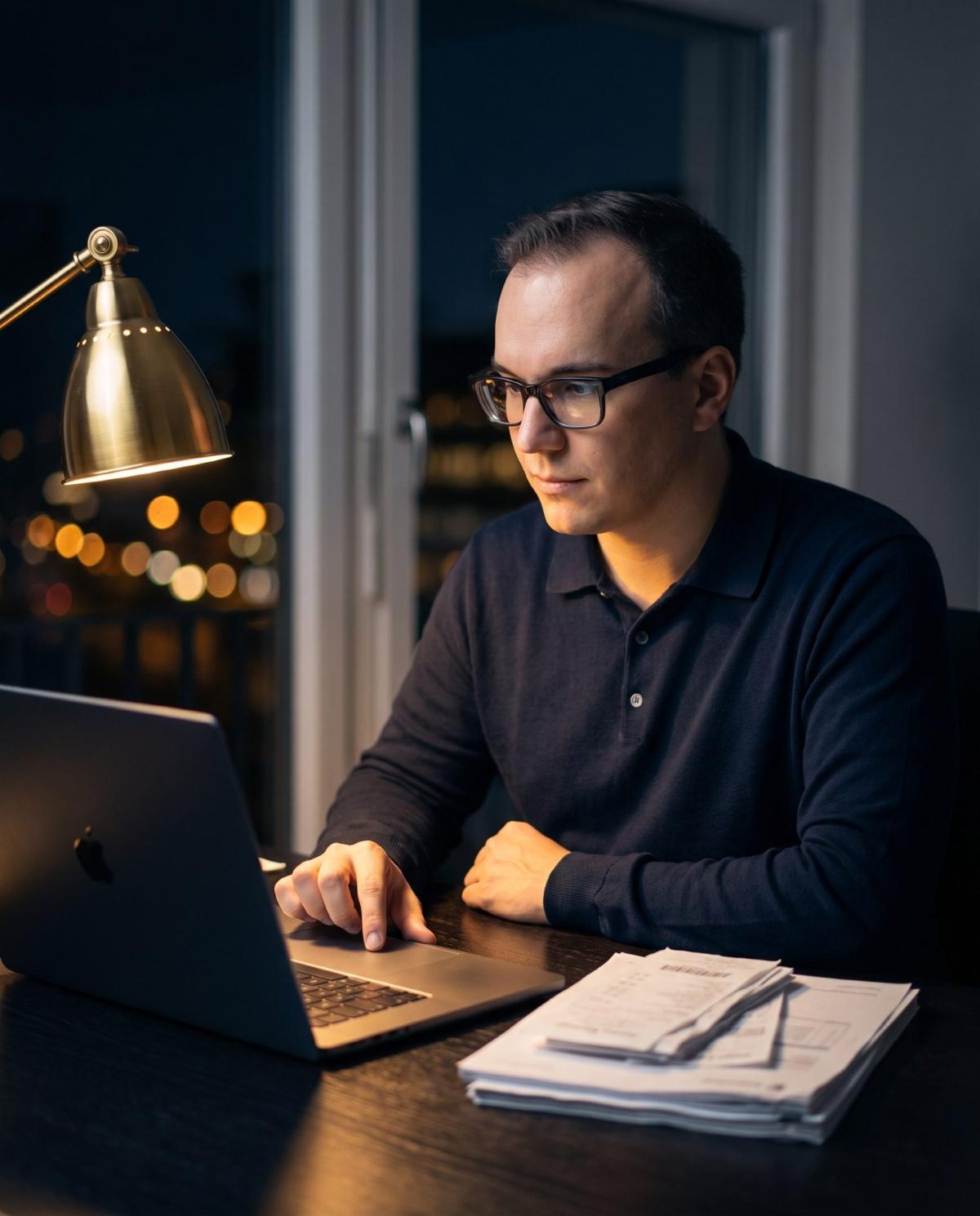 Mann arbeitet am Laptop bei Nacht und automatisiert die Buchhaltung.