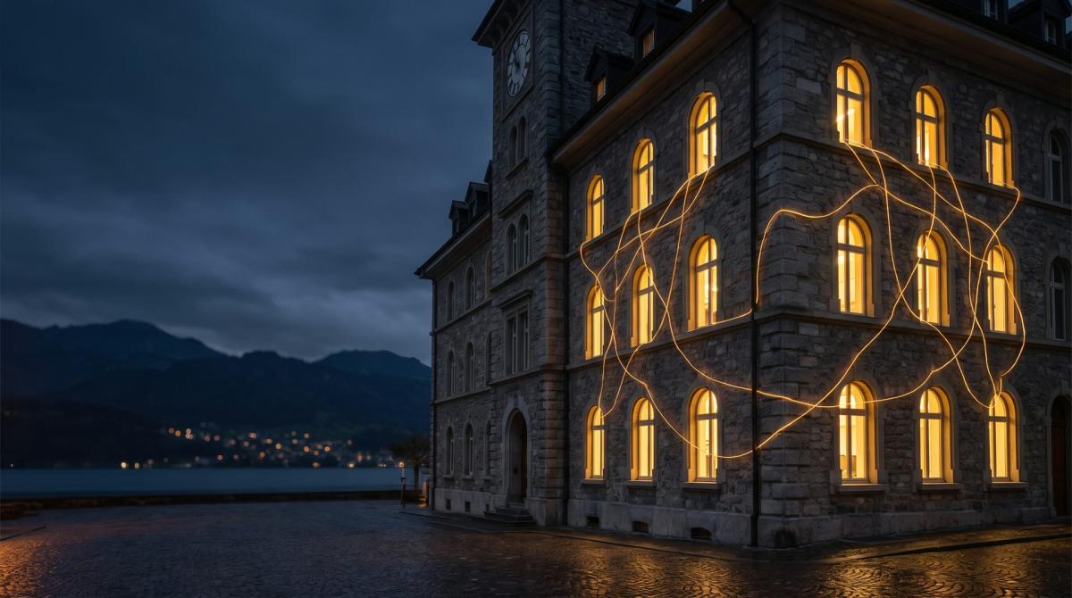 Ein historisches Gebäude mit beleuchteten Fenstern, das die Kanzlei-Software automatisieren könnte.