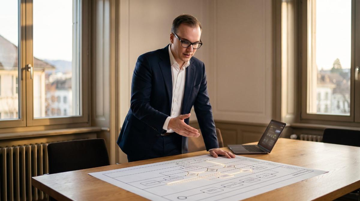 Ein Mann präsentiert am Tisch eine Strategie zur Kanzlei-Software wechseln.