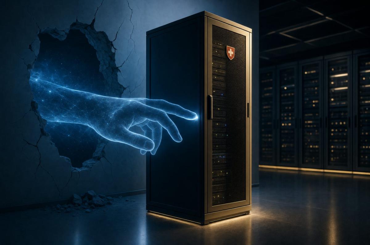 Serverraum mit holographischer Hand, die KI-Einsatz für Treuhänder symbolisiert.