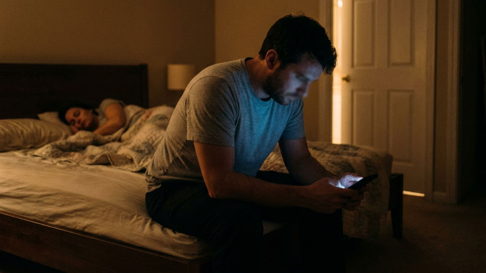 Ein Mann schaut nachts auf sein Handy, während seine Partnerin im Bett schläft – ein mögliches Zeichen für Cybersex-Sucht.