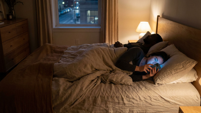 Cybersex-Sucht: Eine Frau liegt nachts im Bett neben ihrem schlafenden Partner und blickt auf ihr Smartphone.
