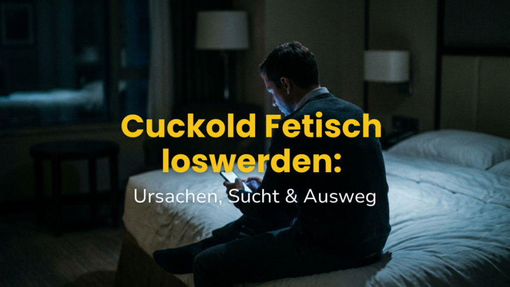 Mann sitzt auf dem Bett in einem Hotelzimmer und denkt über Cuckold Fetisch loswerden nach.